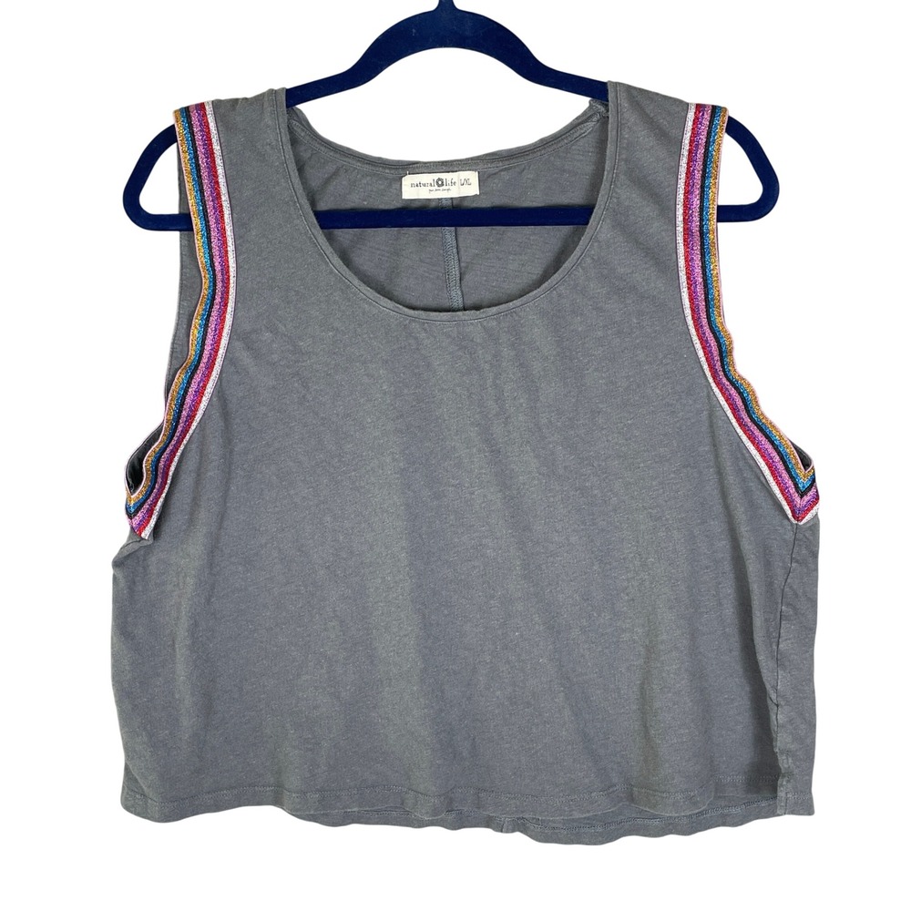 Natural Life Tank Top Womens L/XL Grey Very Good Rainbow Glitter Trim Boho Crop